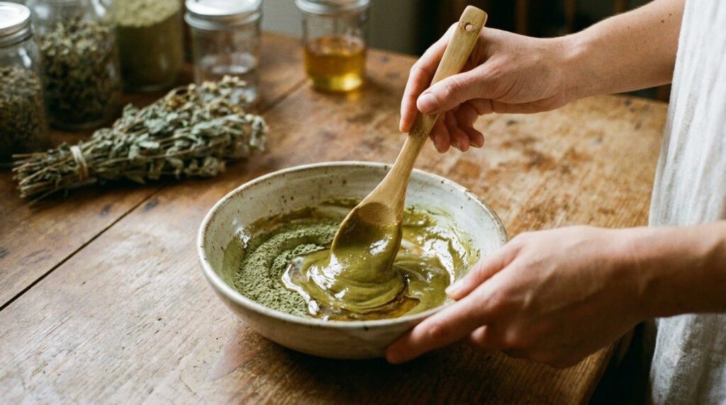 Hands mixing green clay powder rose water and honey in a non-metallic bowl with a wooden spoon forming a smooth paste