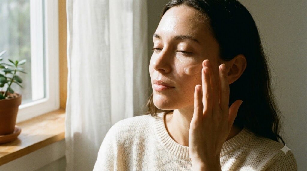 A woman gently applying a small amount of clear gel to her cheek with her fingertips her eyes closed slightly in a soft