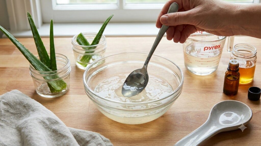 A close-up of a glass bowl with a spoon mixing aloe vera gel and dissolved gelatin showing a smooth translucent mixture