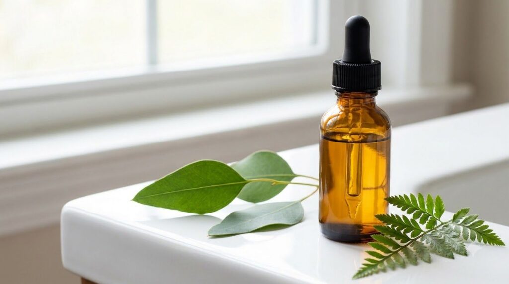 A small amber glass dropper bottle of Vitamin E oil sits on a clean white vanity with a few green leaves in the backgrou
