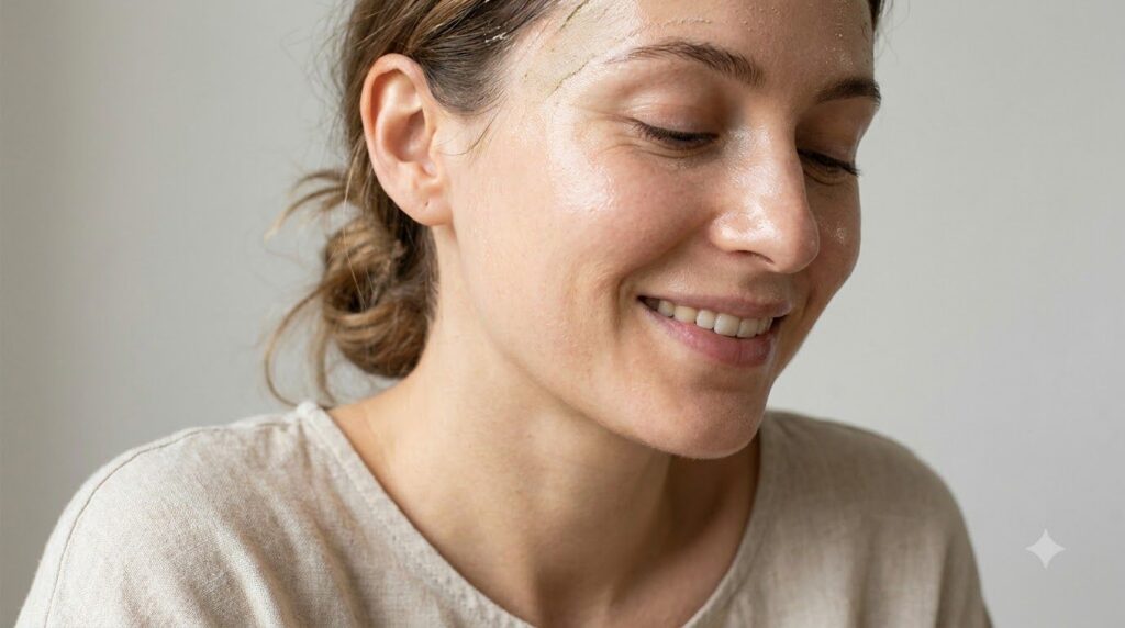 A close-up of a woman s radiant face with smooth glowing skin after using a natural mask Her pores appear minimized and 