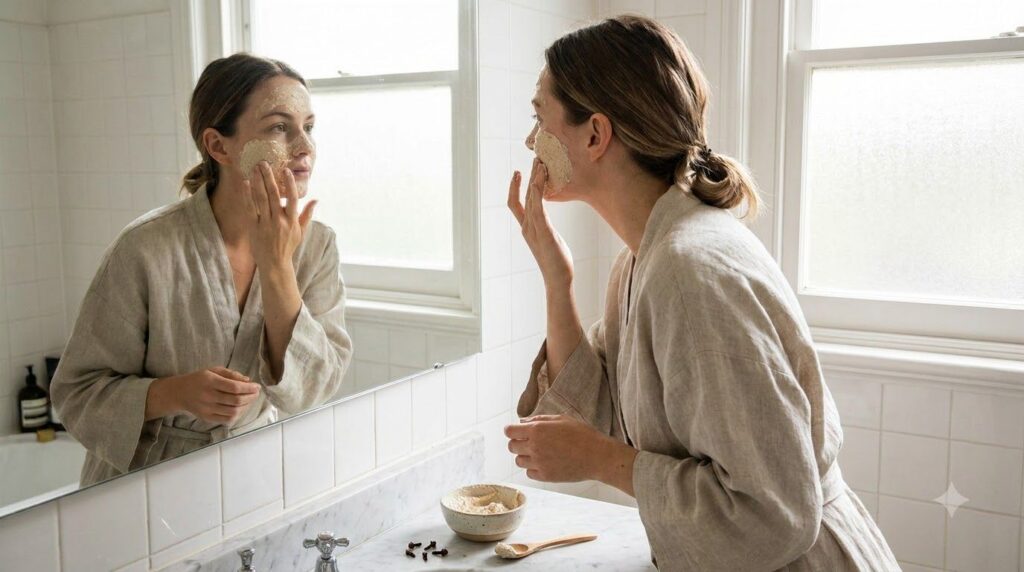 A woman gently applying a homemade rice and clove mask to her face with her fingertips in a brightly lit bathroom lookin