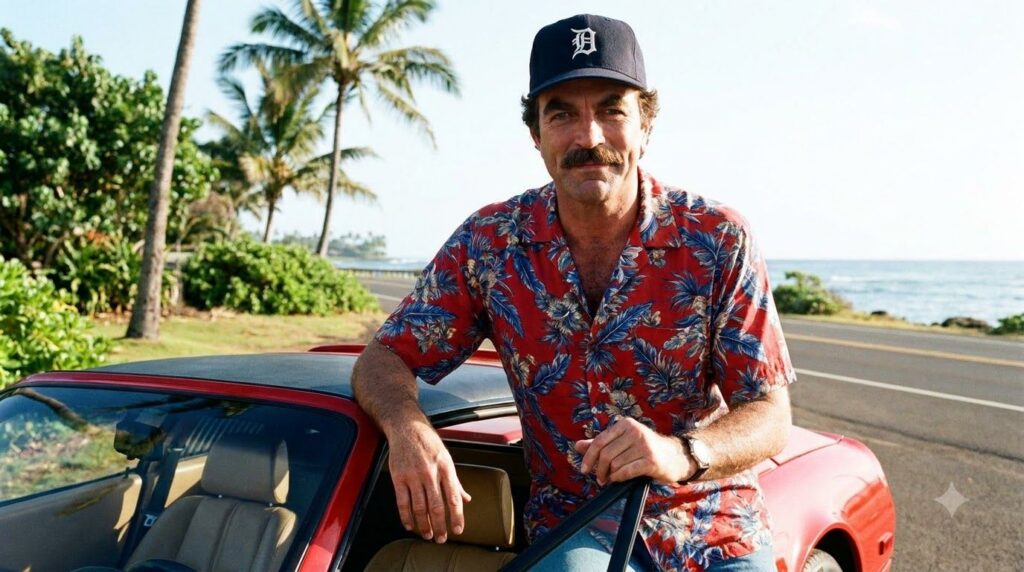Tom Selleck as Thomas Magnum with his classic mustache wearing a Hawaiian shirt and a Detroit Tigers baseball cap leanin