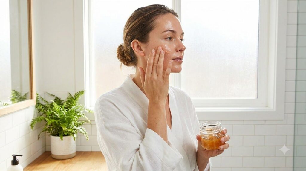 A woman gently applying the Vaseline and honey mix to her cheek with her fingertips her skin looking radiant and fresh i