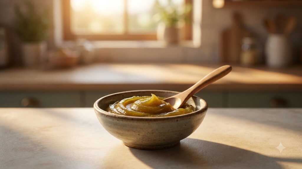 A small bowl containing the mixed Vaseline honey and green tea paste with a mixing spoon resting in it against a soft fo