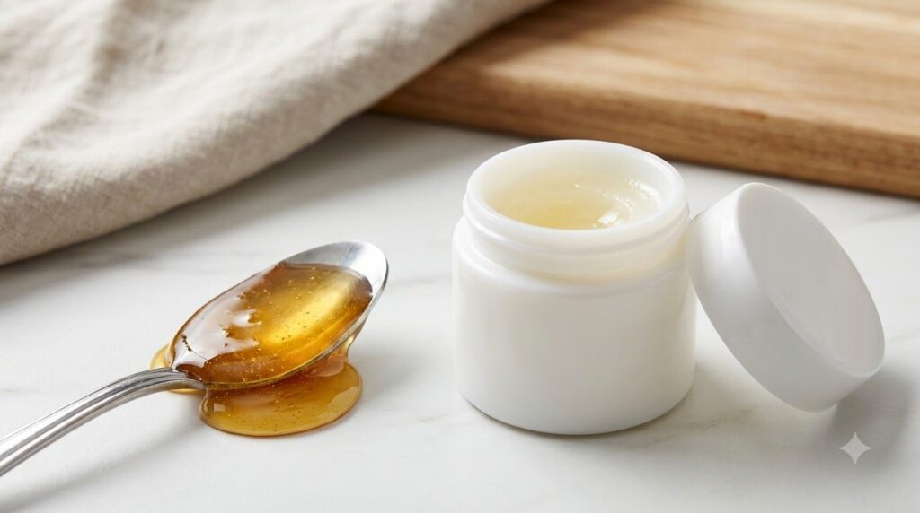 A spoonful of honey next to an open jar of Vaseline highlighting the two key ingredients