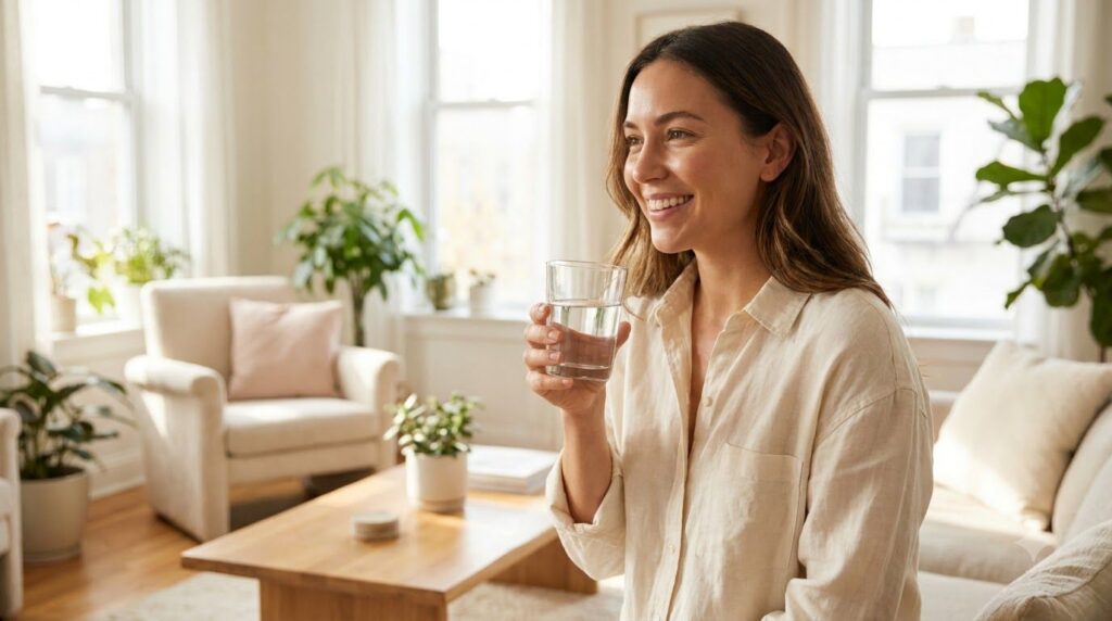 A woman smiling enjoying a moment of self-care perhaps drinking water or applying a natural product conveying a healthy 