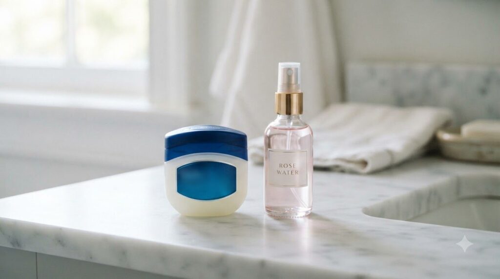 Ingredients for the Vaseline and rose water remedy a small jar of Vaseline and a bottle of rose water on a clean light s