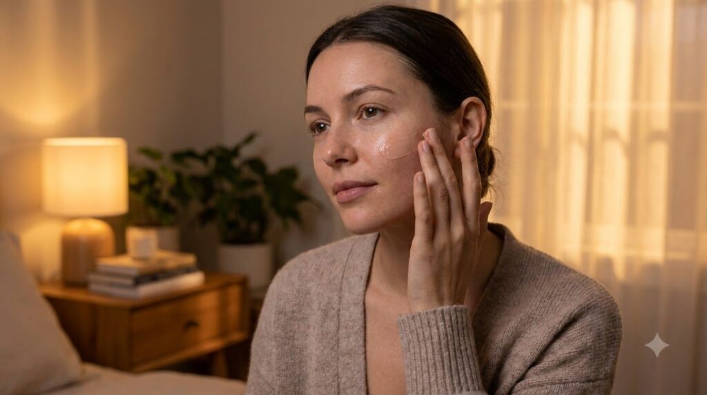 A woman gently applying a thin layer of the Vaseline and rose water mixture to her face before bed demonstrating the app
