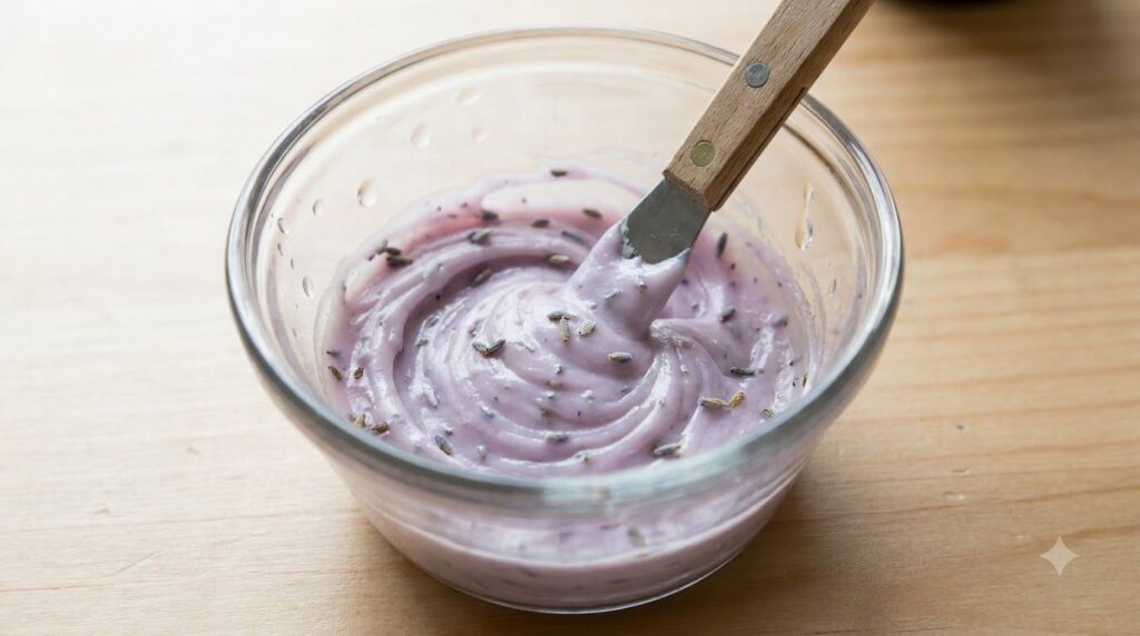 A close-up of a small bowl containing a creamy purple mixture being stirred with a tiny spatula illustrating the DIY mas