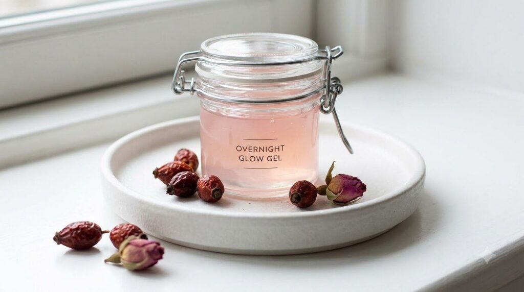 Close-up of a small airtight container filled with the finished DIY Overnight Glow Gel showing its smooth texture A few 