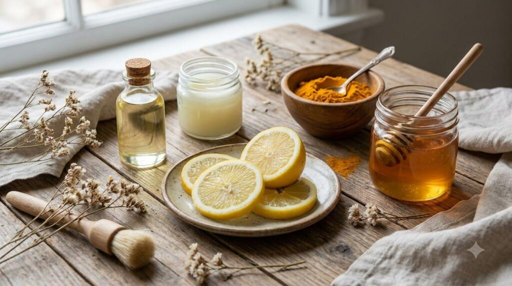 A collection of natural ingredients for a face mask including a small bottle of baby oil a jar of Vaseline a sliced lemo
