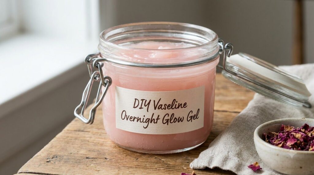 A close-up of a small clean jar filled with the freshly mixed DIY Vaseline Overnight Glow Gel showing its smooth slightl