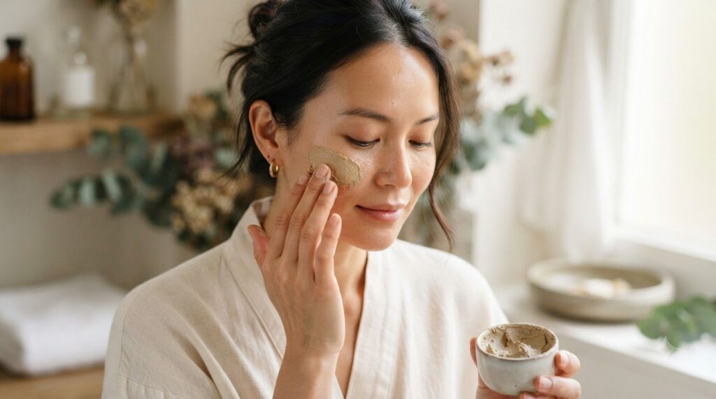A woman gently applying a light brown natural paste to her cheek focusing on areas with dark spots with a soft natural e