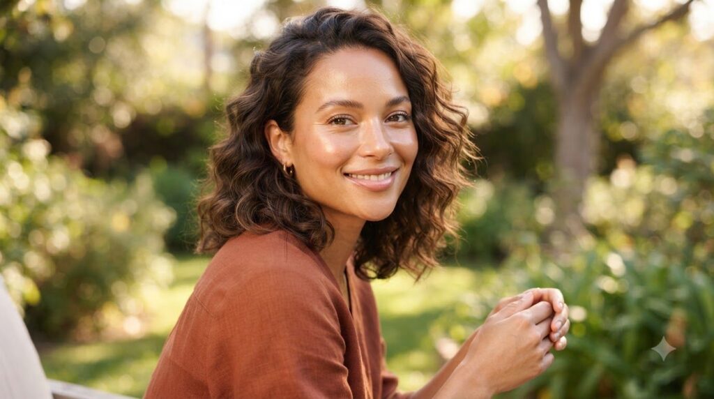 A glowing radiant woman with smooth healthy-looking skin smiling gently representing the desired outcome of a beauty rou