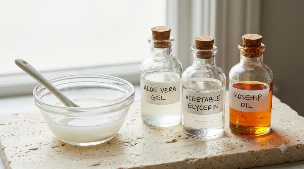 Close-up of ingredients for homemade night gel aloe vera gel vegetable glycerin and rosehip oil in small bottles with a 