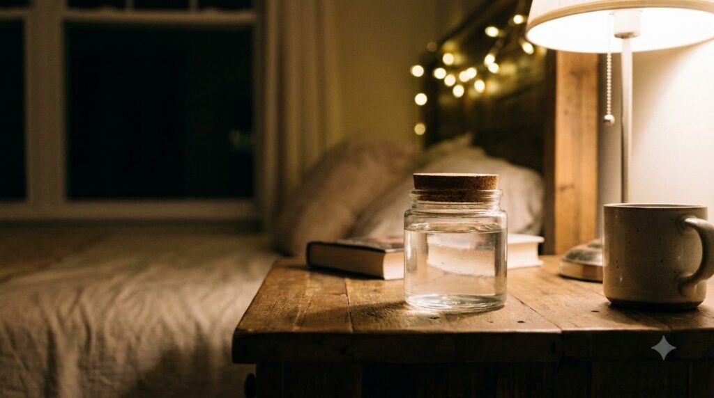 A small elegant glass jar filled with the homemade night gel placed on a bedside table next to a soft light suggesting a