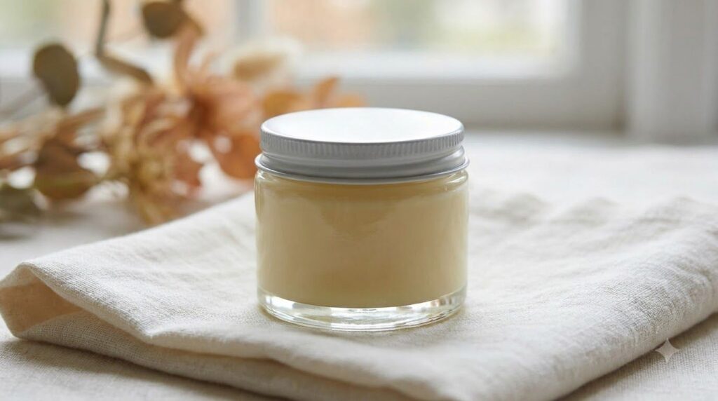 A small glass jar with a homemade Vaseline and Vitamin E cream looking smooth and ready to use