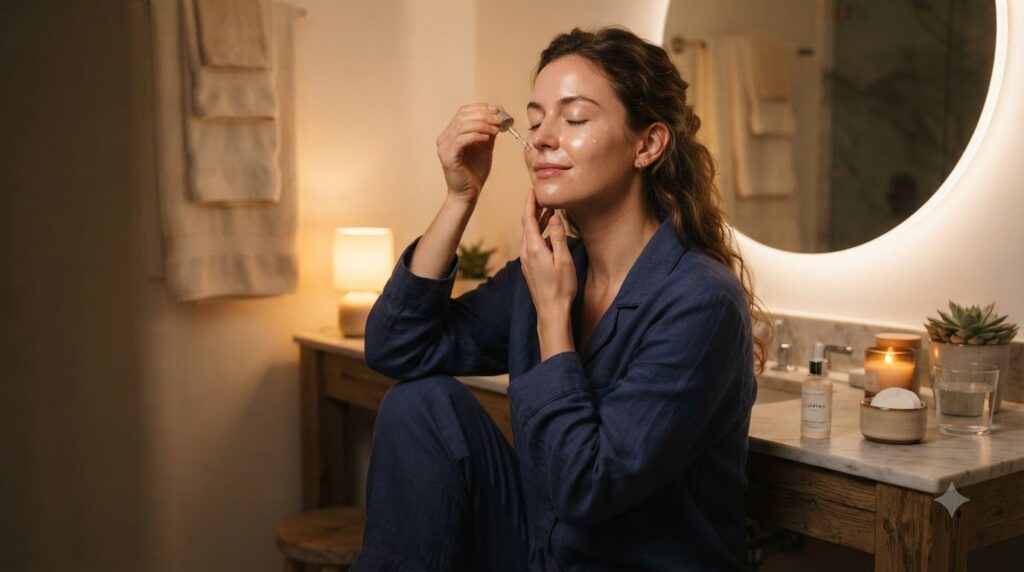A woman gently applying a serum to her face before bed in a soft natural setting
