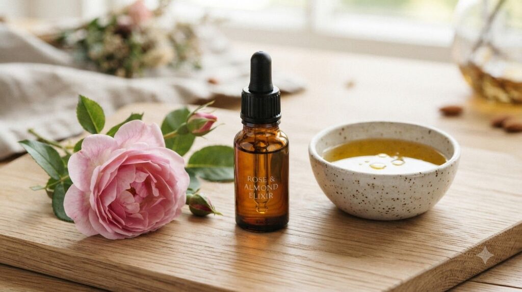 Close-up of a small glass bottle with a dropper filled with a clear liquid next to a rose and a small bowl of almond oil