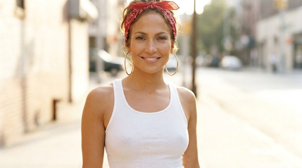 Jennifer Lopez wearing large gold hoop earrings a white tank top and a red bandana on her head smiling confidently