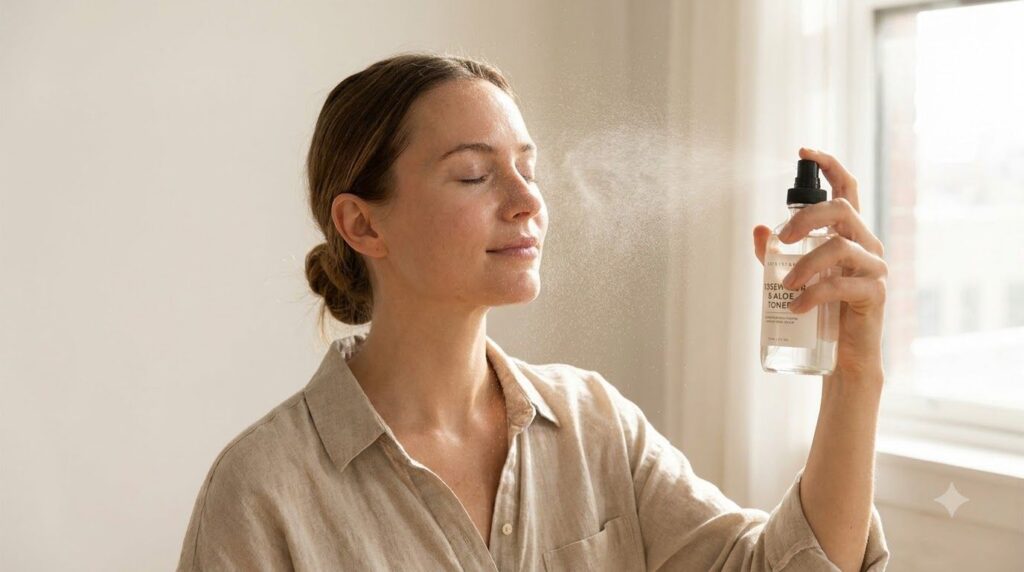 A woman gently spraying a homemade toner on her face with her eyes closed showing a refreshing and light application Her