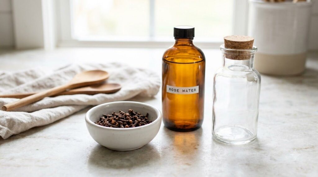 Ingredients laid out on a clean counter a small bowl of whole cloves a bottle of rose water and an empty glass jar for m