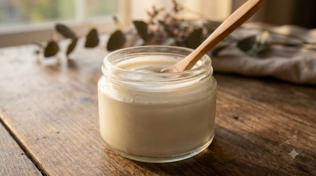 A small clear glass jar filled with a freshly made smooth white DIY Collagen Night Gel with a small spatula resting besi