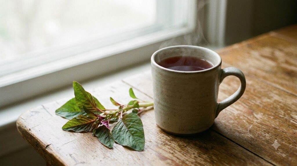 A warm mug of freshly brewed amaranth leaf tea with steam gently rising placed on a wooden table with a few fresh amaran