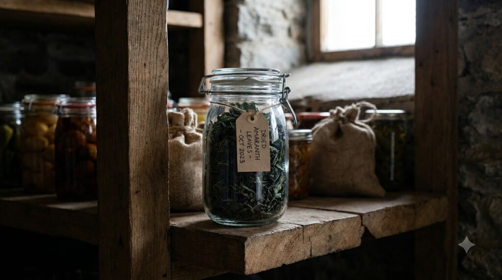 A glass jar filled with dried amaranth leaves clearly labeled placed on a shelf in a cool dark pantry to illustrate prop