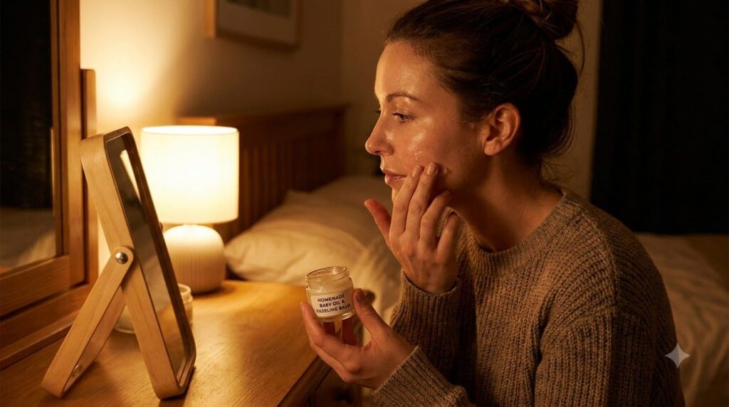 A woman gently applying a small amount of the homemade baby oil and Vaseline balm to her face at night her skin looking 
