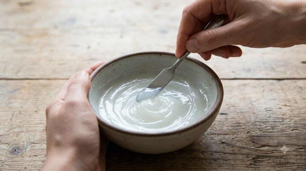 A close-up shot of a small bowl where Vaseline and baby oil are being mixed together with a spatula creating a smooth gl