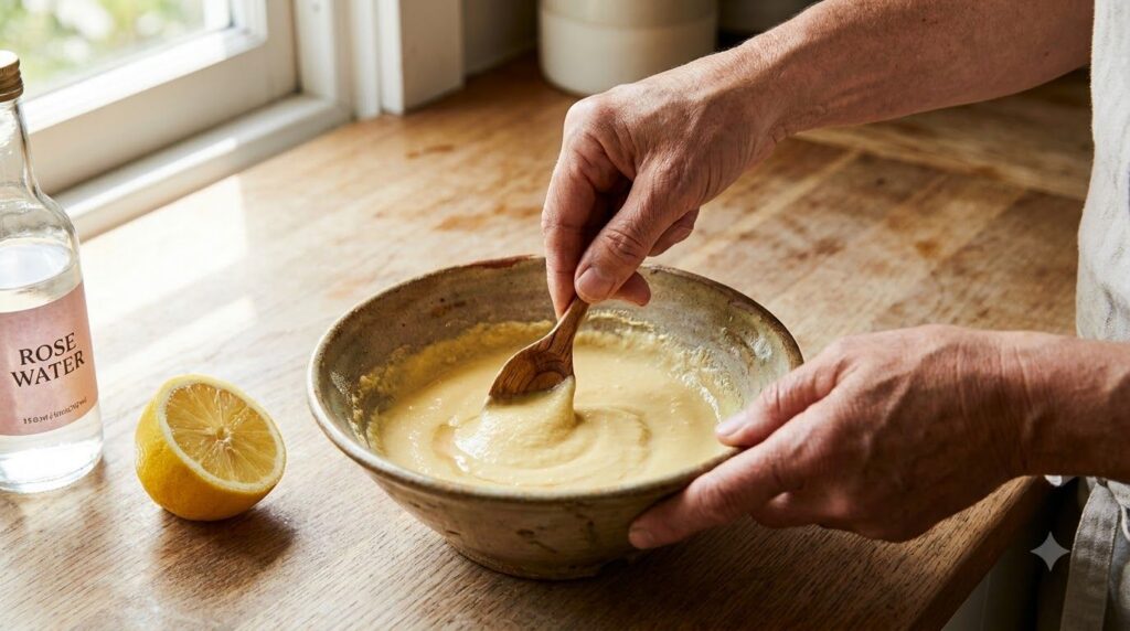 A close-up of hands mixing chickpea flour lemon juice and rose water in a small ceramic bowl to form a smooth paste for