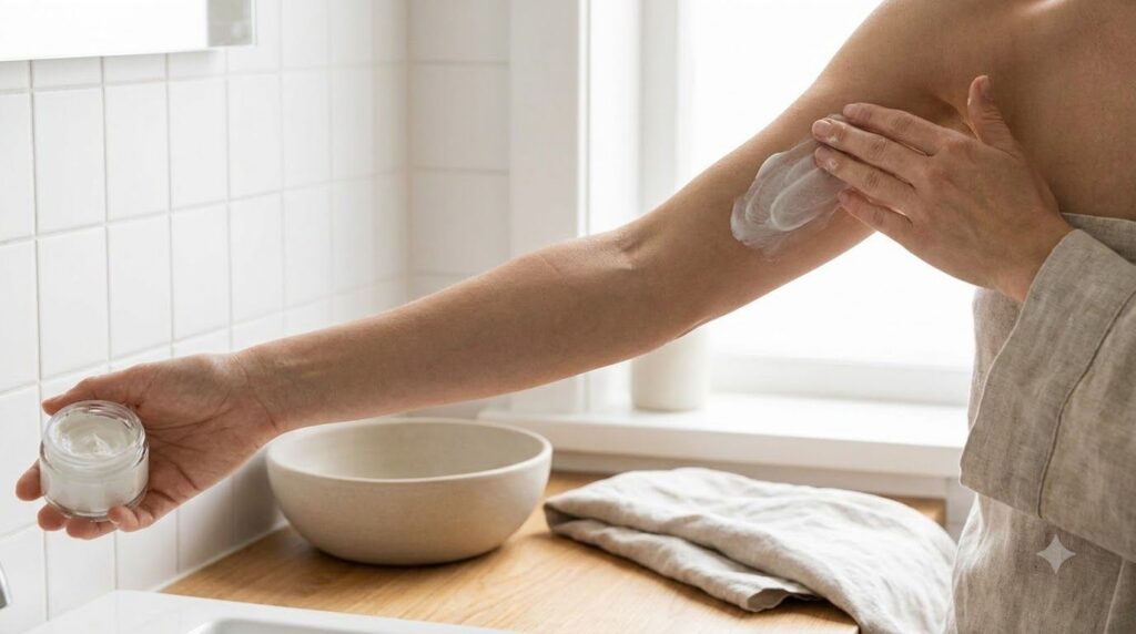 A woman s arm gently applying the homemade lemon and chickpea paste to her underarm demonstrating the application proces