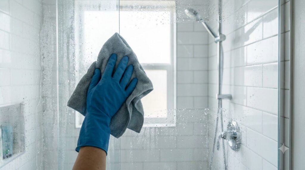 A hand wearing a glove holding a soft microfiber cloth wiping down a misty shower screen to reveal a sparkling clean pat