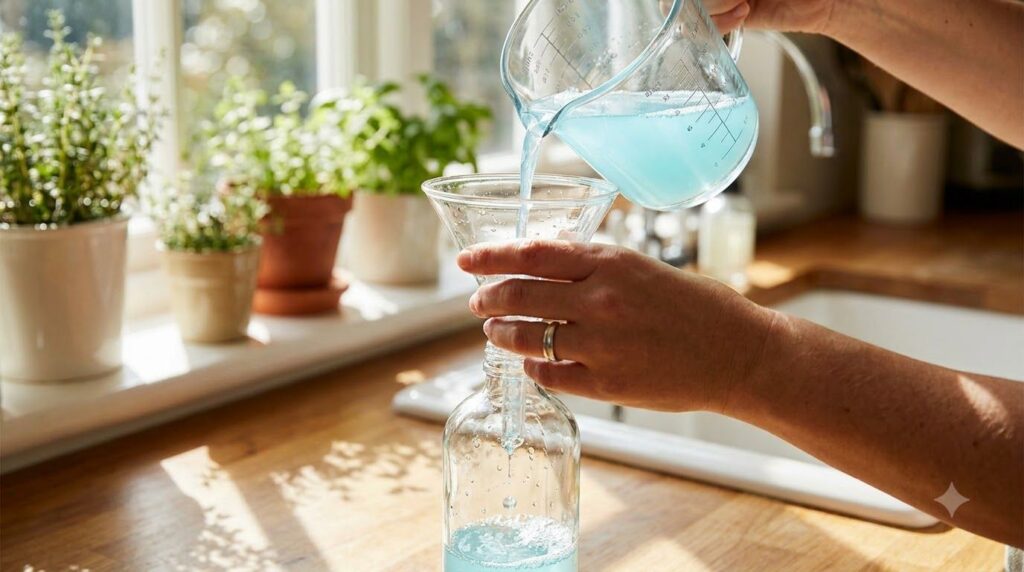 A hand holding a funnel over the opening of a spray bottle pouring a light blue liquid mixture into it from a glass meas