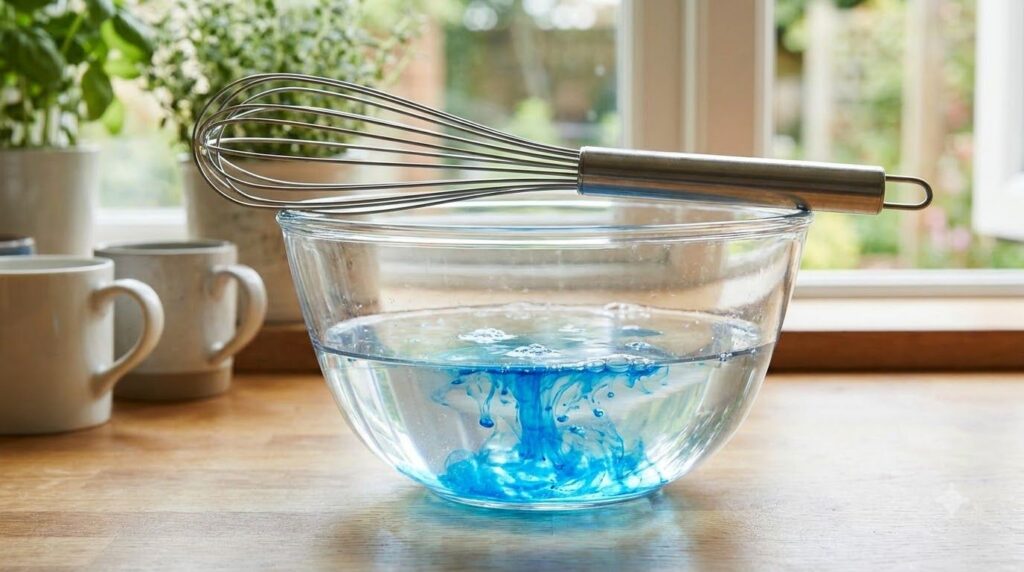 A clear glass bowl containing water and blue dish soap with a whisk or spoon nearby ready to be mixed
