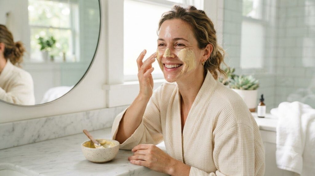 A woman gently applying a homemade face mask to her clean skin with a small bowl of the mixed Vaseline and egg yolk besi