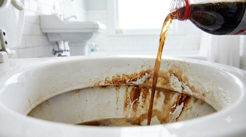 Inside a toilet bowl showing brown rust and limescale stains with a dark liquid Coca-Cola poured onto them