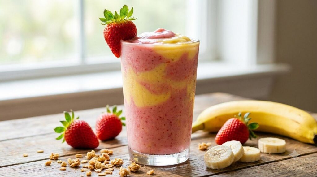 A close-up of a colorful and creamy banana strawberry smoothie in a tall glass garnished with a fresh strawberry or mint