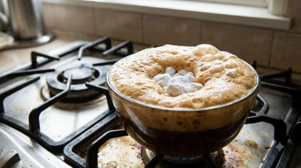 A bubbling mixture of Coca-Cola and baking soda in a bowl showing the foamy reaction with a dirty stovetop in the backgr