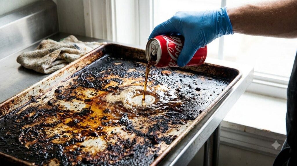 A close-up shot of a person s hand in a protective glove pouring Coca-Cola onto a heavily stained burnt oven tray with t