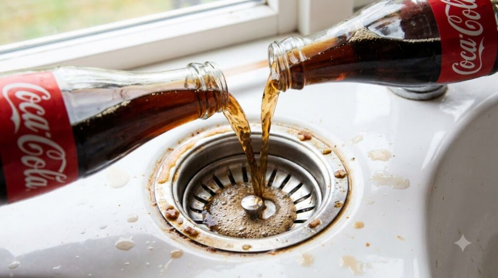Dark liquid Coca-Cola being poured directly into a kitchen sink drain with some visible residue around the drain opening