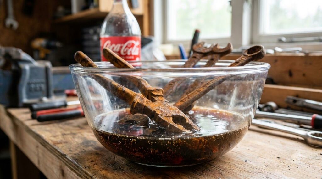 Rusty metal pliers partially submerged in a bowl of Coca-Cola with the dark liquid surrounding them