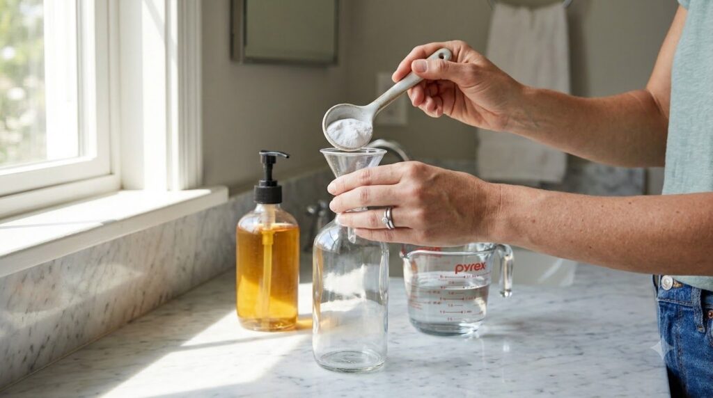 Hands pouring ingredients into a spray bottle with a funnel showing water a white powder citric acid and liquid soap