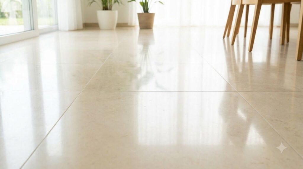 A gleaming clean tile floor after being mopped with a salt solution reflecting light beautifully