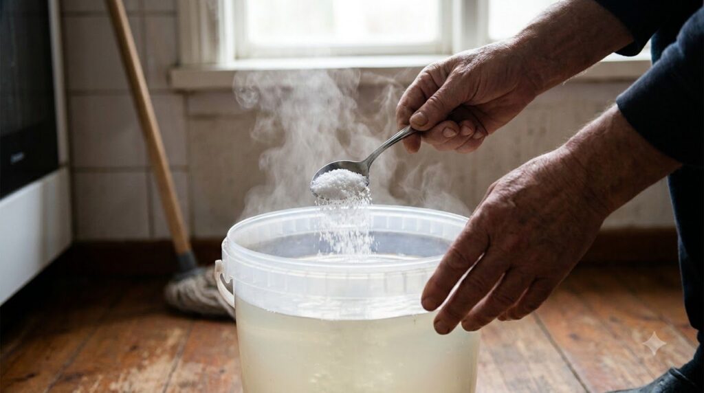 A person s hands adding a spoonful of salt to a bucket of warm water with a mop resting nearby