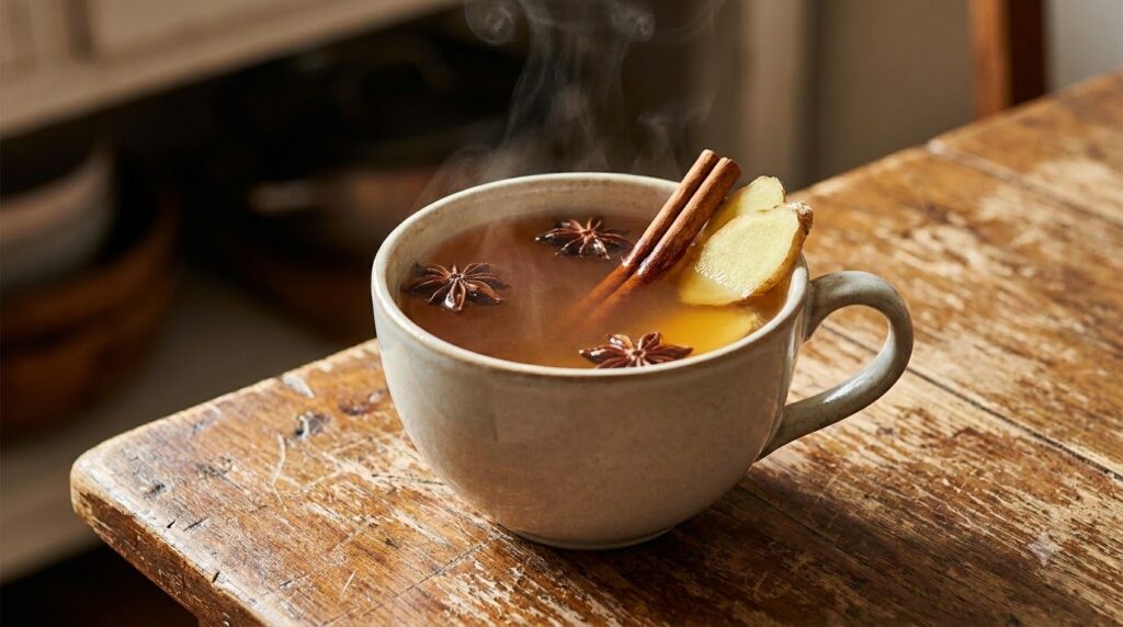A steaming mug of golden aromatic tea with cinnamon sticks star anise and sliced ginger on a rustic wooden table The bac