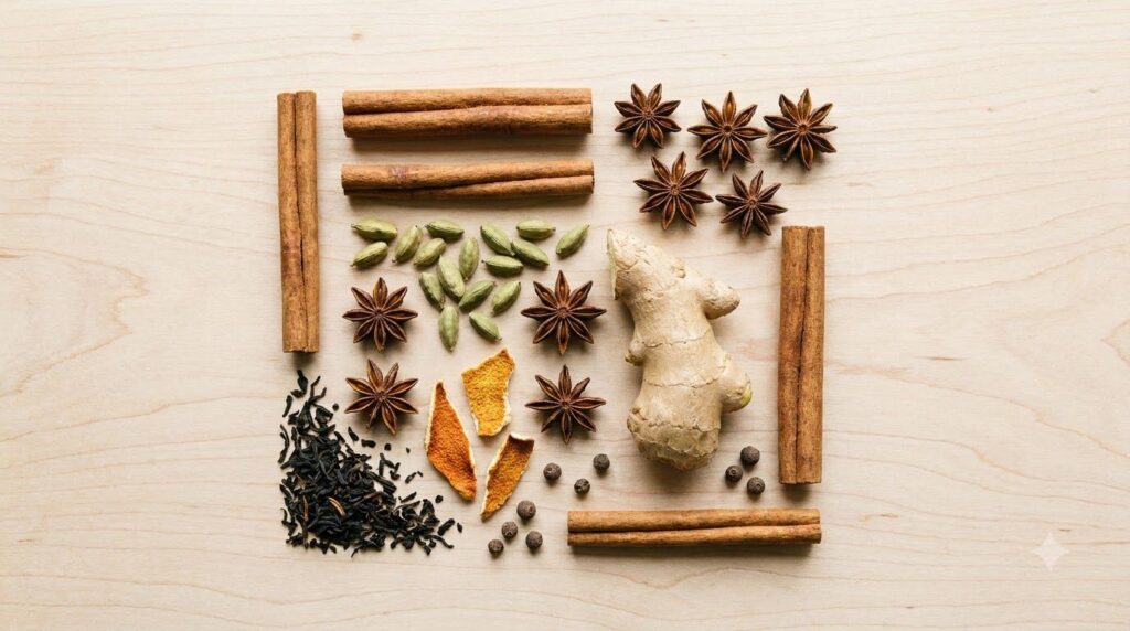 Various aromatic spices like cinnamon sticks star anise whole cardamoms and fresh ginger root arranged beautifully on a 