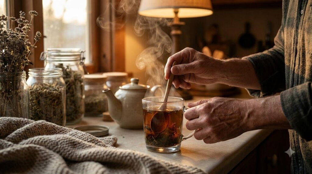 A person s hands gently stirring a steaming aromatic infusion in a clear glass mug on a cozy kitchen counter showcasing 